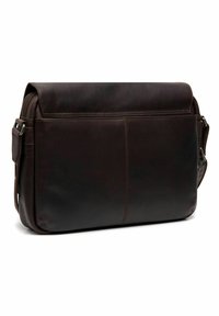 Dark brown leather messenger bag with a flap closure, featuring a textured surface, adjustable strap, and a zipper pocket on the back.
