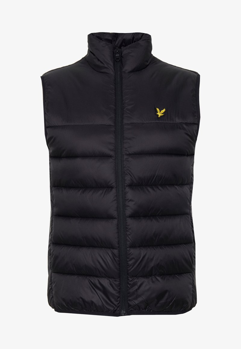 Colete puffer preto com gola alta e fecho frontal. Apresenta secções acolchoadas horizontais e um pequeno logotipo dourado no peito.