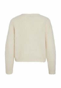 Mehak, kremno obarvan pulover z okroglim izrezom, dolgimi rokavi in skrajšano, kvadratno obliko, z mehko, teksturirano površino.