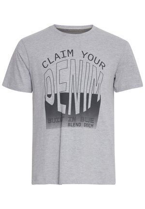 Gray short-sleeve T-shirt featuring a large black graphic that says "CLAIM YOUR DENIM" with a faded black and gray ombre effect below.