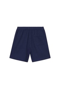Pantaloni scurți de culoare bleumarin, dintr-un material texturat, cu un brâu elastic și o buzăceală în spate, concepuți pentru confort și ușurință în purtare.