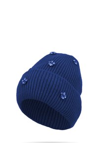 Berretto lavorato a maglia blu navy con texture a coste e decorazioni di gemme blu in un motivo floreale su tutta la superficie.