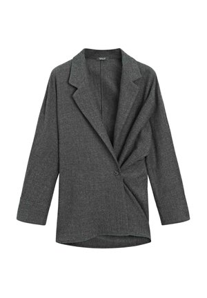 Grau blazer aus einem weichen, strukturierten Stoff. Verfügt über einen Reverskragen, einen einzelnen Knopfverschluss und ein drapiertes Design mit geschwungenem Saum.