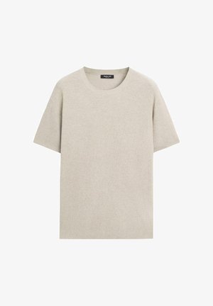 Beige short-sleeve knit sweater with a round neckline and ribbed texture, laid flat on a white background.