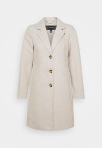 Beige wollenblend jas met een notch-kraag, drie grote gouden knopen, twee zijzakken en een getailleerde pasvorm, met lange mouwen.