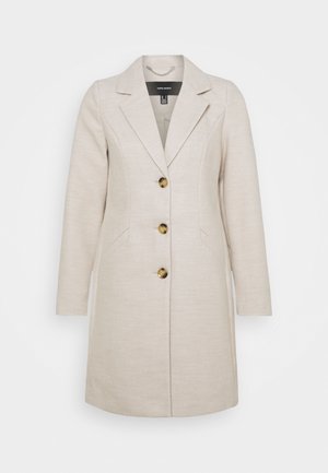 Manteau en mélange de laine beige avec un col cranté, trois grands boutons dorés, deux poches latérales et une coupe ajustée, doté de manches longues.