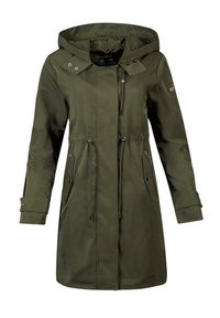 Oliwkowy, murowy płaszcz przeciwdeszczowy do kolan z kapturem, z regulowanym pasem i dwoma przednimi kieszeniami na zamek. Gładka tekstura z zatrzaskami na kołnierzu.