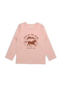 Rosa langärmliges T-Shirt aus weichem Stoff mit einem braunen grafischen Design eines Pferdes und dem Text "Frei wie der Wind Cowgirls Club."