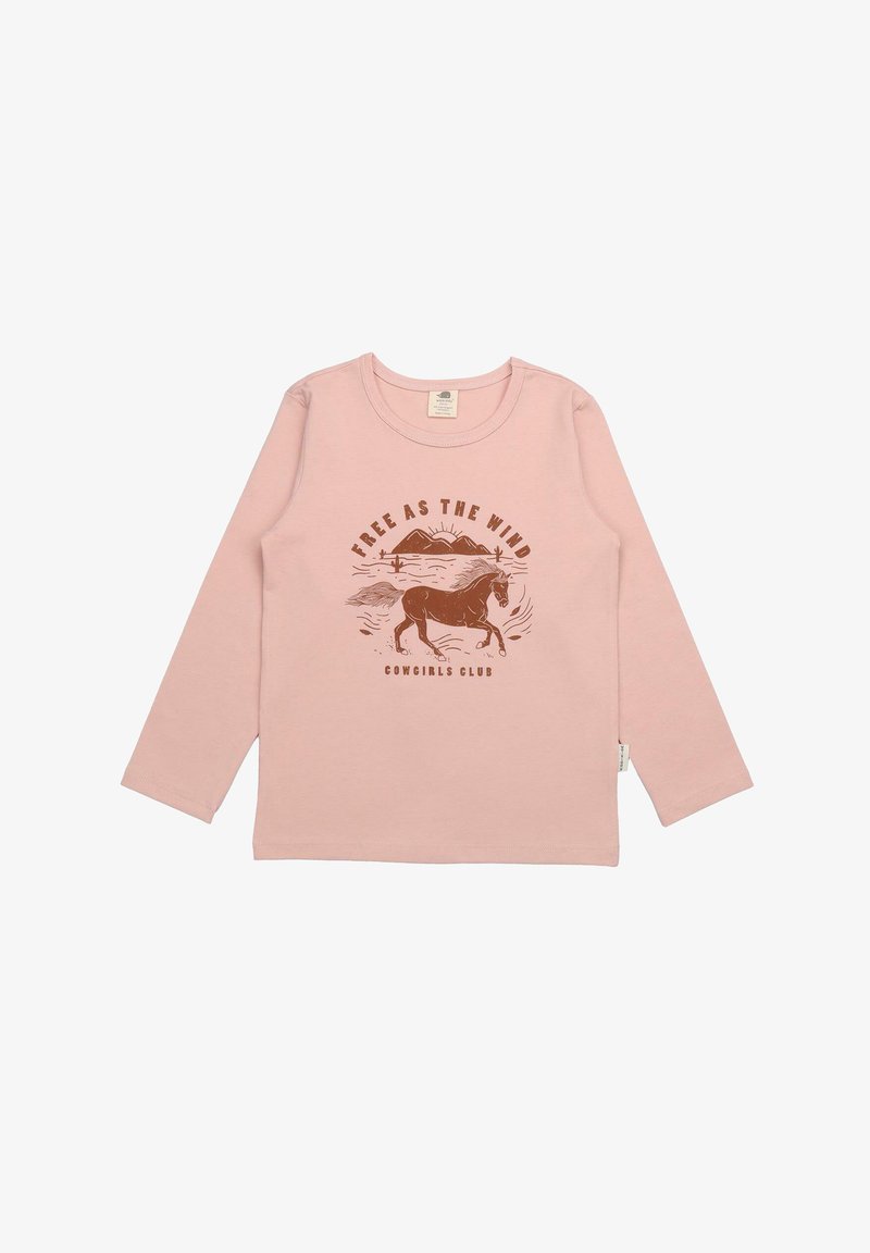 Rosa langärmliges T-Shirt aus weichem Stoff mit einem braunen grafischen Design eines Pferdes und dem Text "Frei wie der Wind Cowgirls Club."