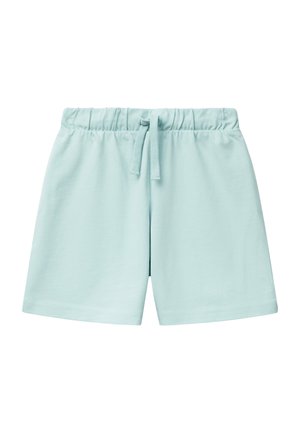 Helle blaue Baumwollshorts mit einem elastischen Bund, verstellbarem Kordelzug und glatter Textur. Gerader Schnitt und knielanges Design.