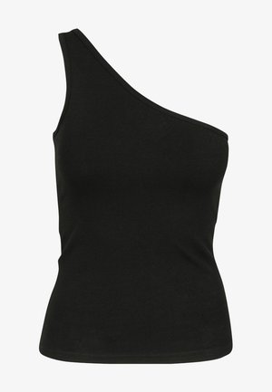 One-shoulder black tank top made of smooth fabric; fitted design with a straight neckline and no embellishments.