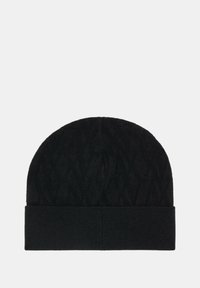 Gorro de punto negro con un patrón de diamante texturizado, parte superior redondeada y un puño doblado. Hecho de una tela suave para el calor.