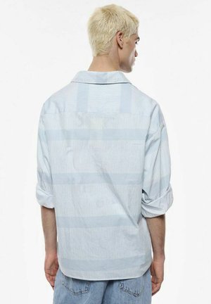 Uomo con capelli corti decolorati che indossa una camicia a righe azzurra con le maniche arrotolate e jeans azzurri, visto di spalle.