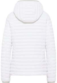 Biała pikowana kurtka z kapturem, z poziomym przeszyciem, długimi rękawami i dopasowanym krojem, pokazana od tyłu.