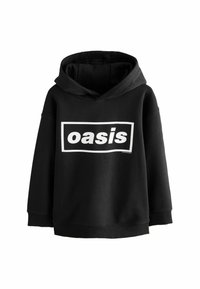Čierna mikina s kapucňou vyrobená z mäkkého materiálu, s veľkým bielym logom "oasis" v obdĺžnikovom dizajne na prednej strane.