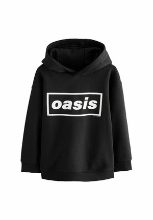 Fekete kapucnis pulóver puha anyagból, nagy fehér "oasis" logóval, amely téglalap formájában helyezkedik el az elején.