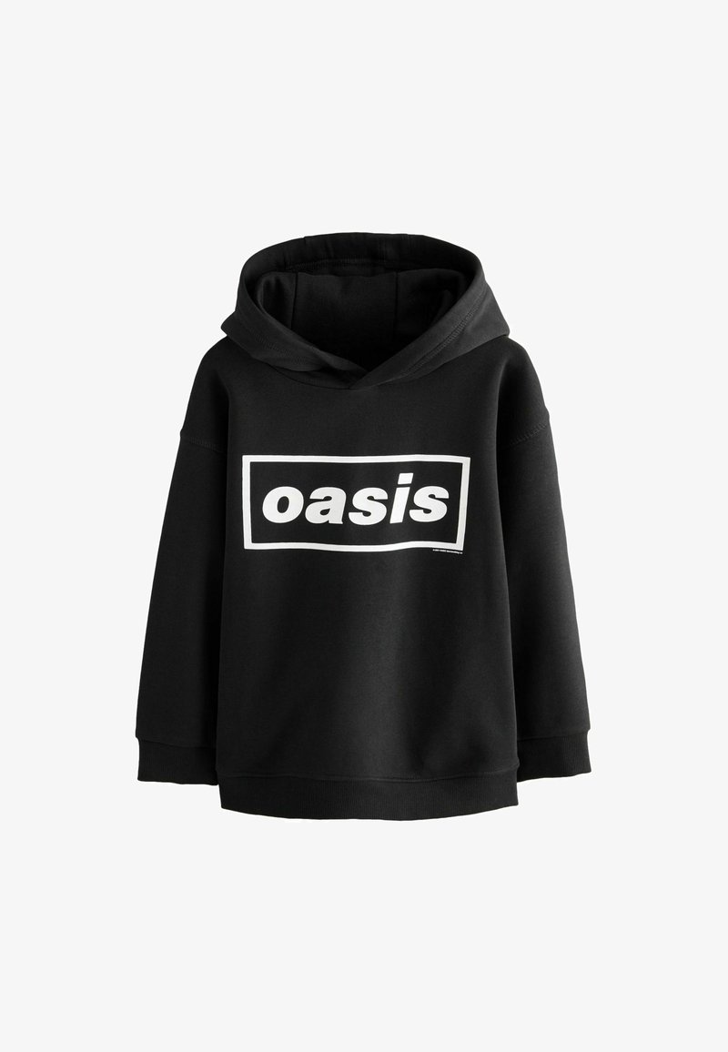 Črna kapuca z dolgimi rokavi iz mehkega materiala, ki ima velik bel logotip "oasis" v pravokotnem oblikovanju spredaj.