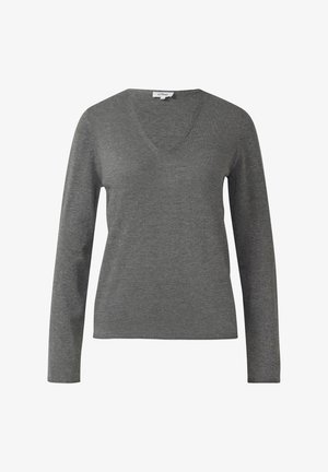 Sivi, dugolaki džemper s v-izrezom i pletenom teksturom. Ima jednostavan dizajn i etiketu na izrezu. Glatka tkanina bez uzoraka.