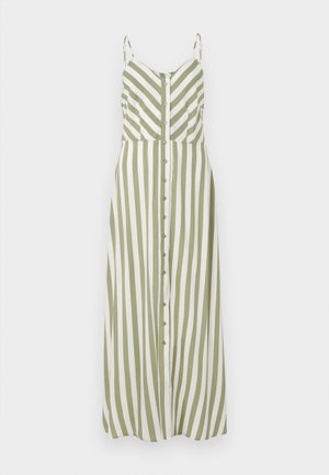 Strap dress in olive green and white vertical stripes, featuring a button-down front and adjustable straps, made of lightweight fabric.