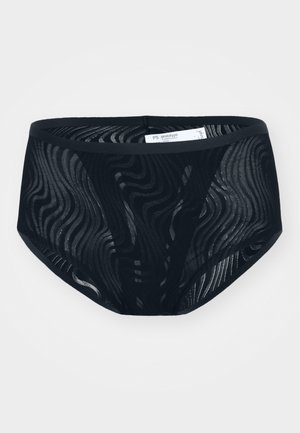 Czarne, przezroczyste majtki o wysokim staniew z falistym wzorem. Posiadają miękką, elastyczną talię i elastyczny, lekki materiał.