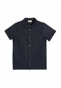 Camicia corta blu realizzata in tessuto imbottito, con chiusura a bottoni e taschino a toppa, bottoni in legno e colletto classico.