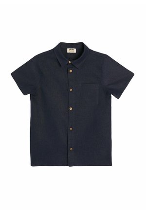Marineblauwe overhemd met korte mouwen, gemaakt van textuurstof, met een knoopsluiting aan de voorkant en een opgestikte zak, voorzien van houten knopen en een klassieke kraag.