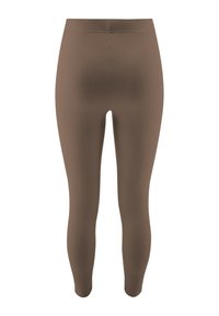 Brązowe legginsy prążkowane z bezszwowym pasem, charakteryzujące się dopasowanym kształtem i gładką teksturą, zaprojektowane z myślą o komforcie i elastyczności.