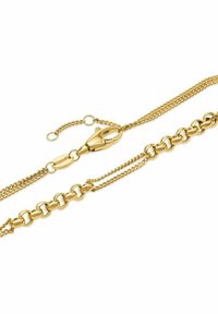 Goldene Halskette mit polierten ovalen und runden Gliedern, Karabinerverschluss und kleiner verstellbarer Verlängerungskette auf weißem Hintergrund.