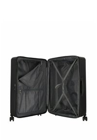 Valigia rigida nera con design espandibile, tasche interne in rete, cinghie incrociate e una sezione con zip. Inclusi quattro ruote girevoli.