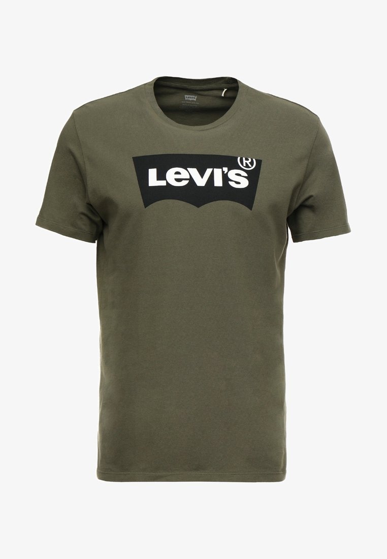 Olive zelené bavlněné tričko s kulatým výstřihem a krátkými rukávy. Má černé logo Levi's na hrudi v tučném bílém písmu.