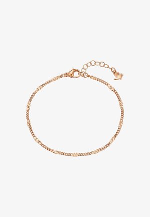 Zarter Armband aus Roségold mit Karabinerverschluss, verstellbaren Gliedern und einem kleinen herzförmigen Anhänger am Ende.