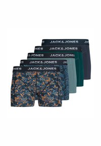 Fünf Paar JACK & JONES Boxer-Shorts: eines mit einem bunten Blattmuster, vier in soliden Farben (dunkelblau, grün, hellgrün, grau) mit elastischem Bund.