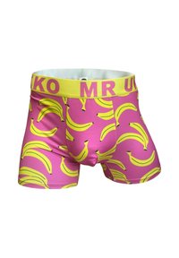Różowe bokserki z wzorem żółtych bananów. Talia jest żółta z napisem "MR UK" w kolorze różowym. Wykonane z elastycznego materiału.