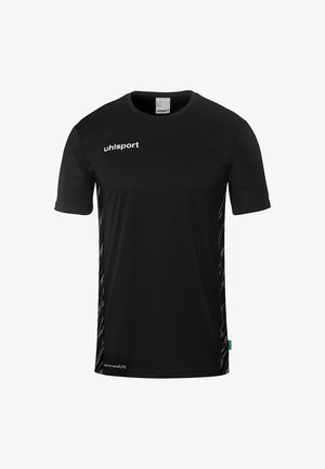 T-shirt de sport noir à manches courtes avec un col rond, des panneaux latéraux texturés contrastés et le logo "uhlsport" sur le devant.
