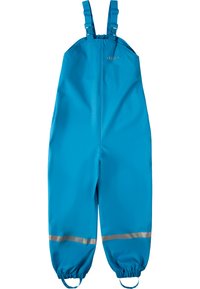 Blaue wasserdichte Latzhose mit verstellbaren Trägern, elastischen Bündchen und reflektierenden Streifen. Glatte Textur und strapazierfähiges Material für den Outdoor-Einsatz.
