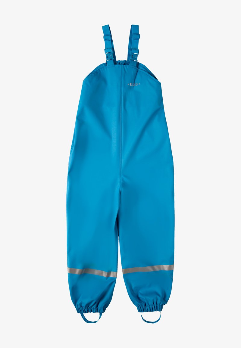 Blaue wasserdichte Latzhose mit verstellbaren Trägern, elastischen Bündchen und reflektierenden Streifen. Glatte Textur und strapazierfähiges Material für den Outdoor-Einsatz.