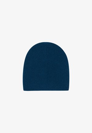Gehaakte beanie in donkerblauw, met een geribbelde textuur, ronde bovenkant en zonder zichtbare hardware of versieringen. Ideaal voor warmte.