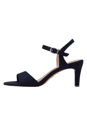 Granatowe zamszowe sandały na wysokim obcasie z otwartym palcem, paskiem na kostce i smukłym obcasem. Prosty design z gładką fakturą.