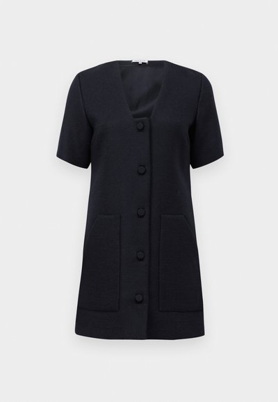 Pardesiță neagră cu mâneci scurte, de tip V, cu cinci nasturi acoperiți pe față și două buzunare mari în față, prezentată pe un fundal alb.