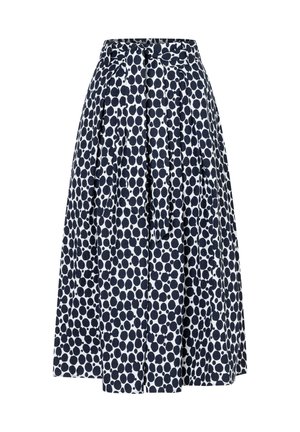 Jupe bleu marine à pois blancs avec un design évasé, comprenant des plis et un détail de nœud à la taille. Tissu léger, longueur au genou.