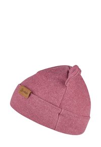 Knitted beanie in light pink with a textured finish. Features a folded hem and a small brown leather logo patch on the side.