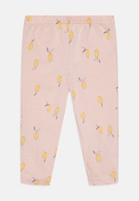 Leggings rosa pallido realizzati in tessuto morbido, con un motivo di limoni gialli e foglie grigie, vita elastica e design aderente.