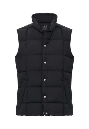 Czarna bezrękawnik puchowy z wysokim kołnierzem, z zapięciem na zatrzaski i dwoma bocznymi kieszeniami; pikowany design zapewniający izolację.