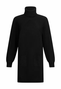 Abito maglione oversize nero con alto collo a imbuto, texture a costine, maniche lunghe e due tasche frontali.