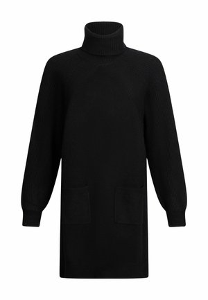 Vestido de suéter negro oversize con cuello alto, textura acanalada, mangas largas y dos bolsillos frontales.