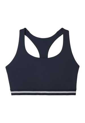 Sujetador deportivo azul marino con diseño de espalda cruzada y banda elástica en la parte inferior con doble raya blanca y logo tenue.