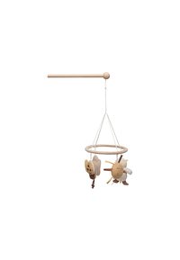 Wooden baby mobile with a circular felt frame, featuring plush smiling sun and cloud figures in beige and cream tones, hanging from strings.