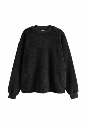 Schwarzer Fleece-Sweatshirt mit einer strukturierten, flauschigen Oberfläche, geripptem Rundkragen und langen Ärmeln mit enganliegenden schwarzen Bündchen.