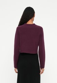 Avklippt lila tröja med långa ärmar, ribbat fåll och rund halsringning. Tillverkad av mjukt stickat material med en slät yta.