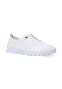 Weiße Ledersneaker mit runder Schuhspitze, strukturiertem Nähen entlang der Sohle und einer flexiblen Gummisohle mit wellenförmigem Design.